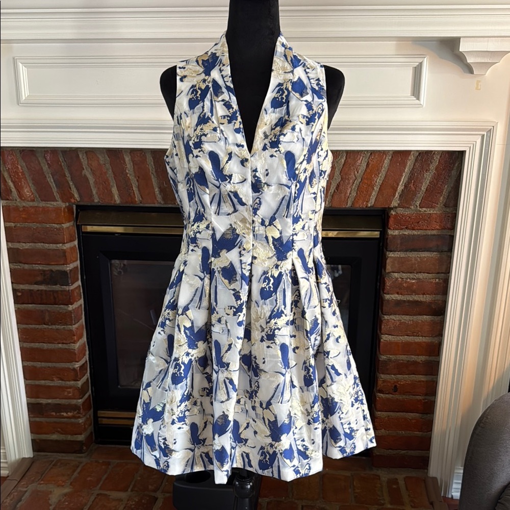 Vince Camuto Blue, White & Gold Floral Halter Fit-and-Flare Dress